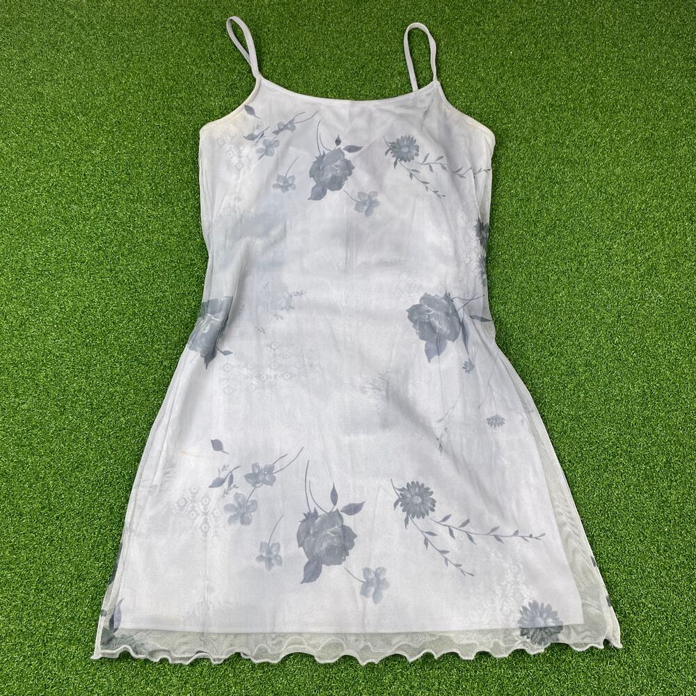 Vintage 90s Byer Too! Gray Grunge Sheer Layered Rose Print Mini Dress Sz M